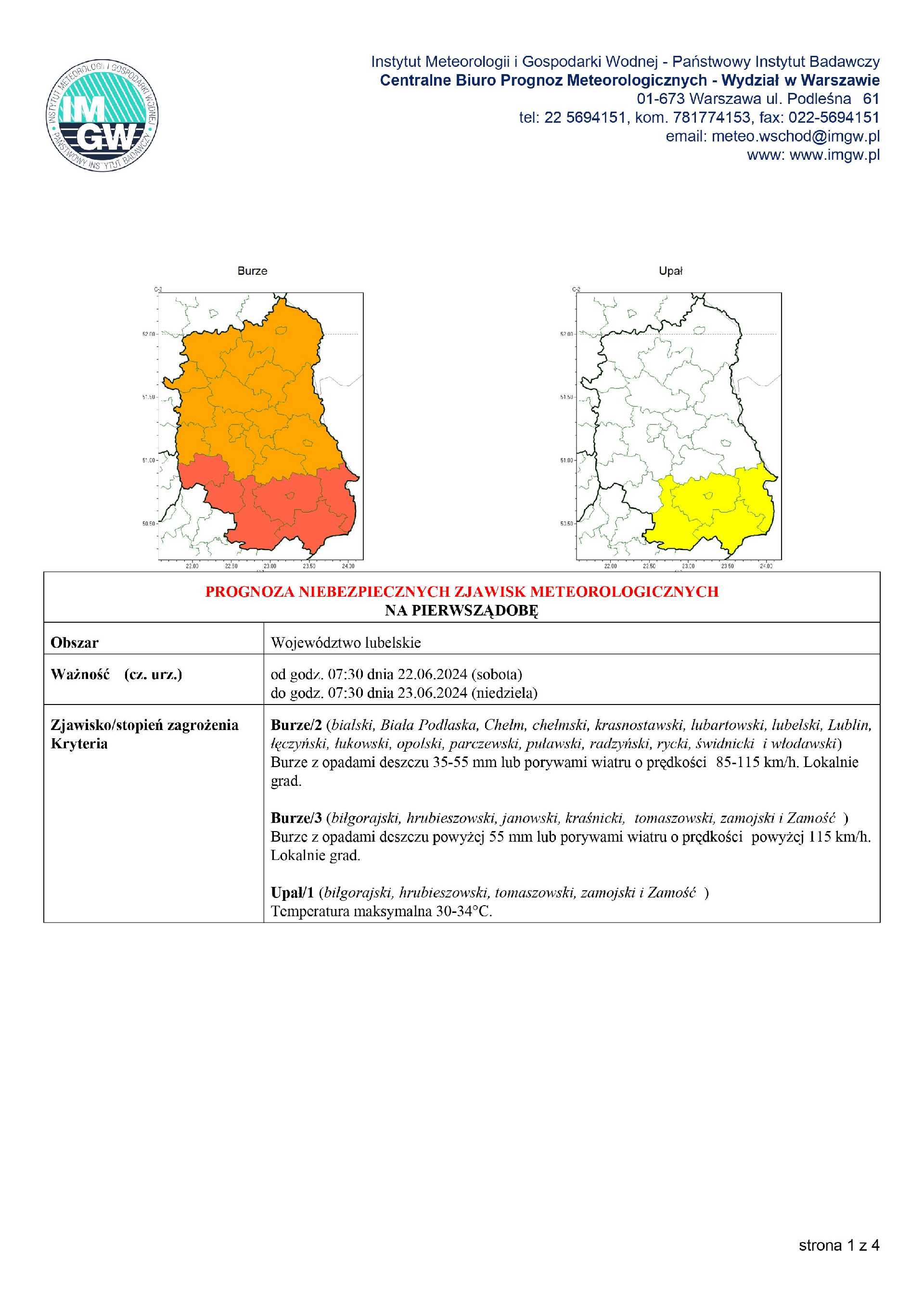 PROGNOZA NIEBEZPIECZNYCH ZJAWISK METEOROLOGICZNYCH