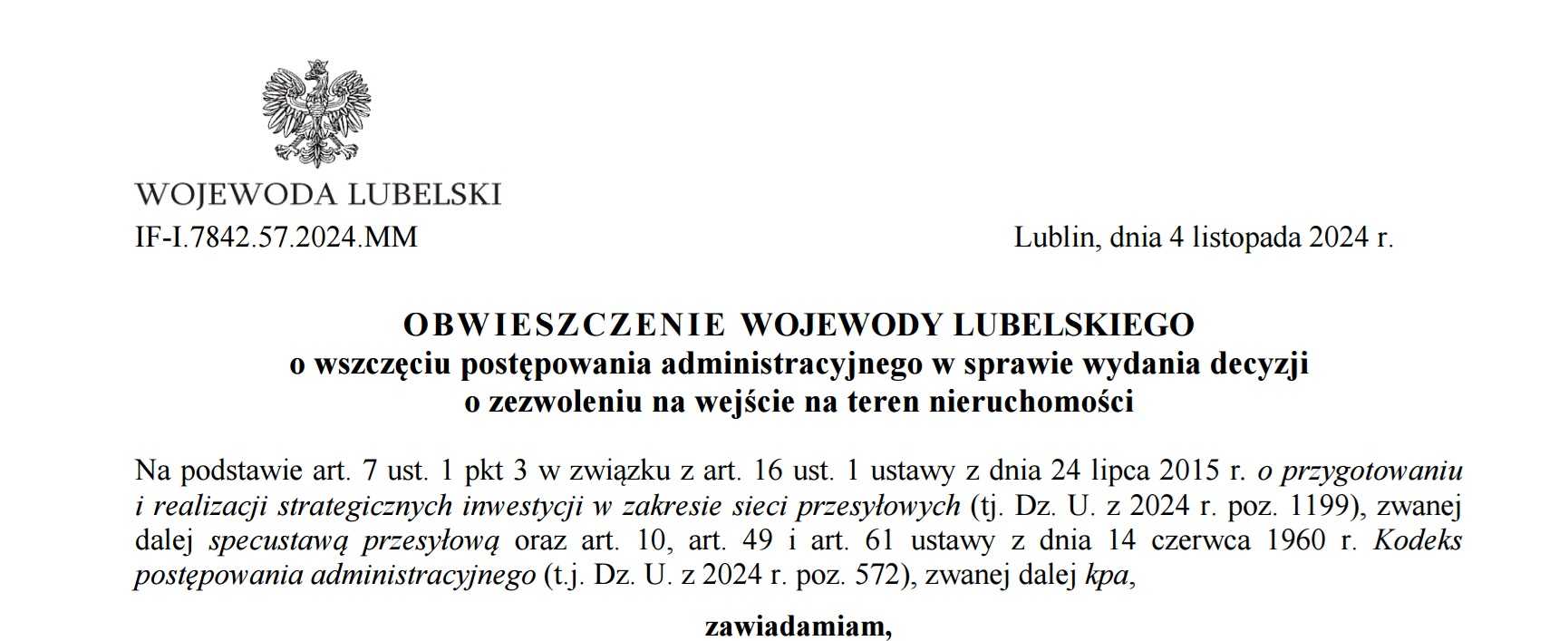 OBWIESZCZENIE WOJEWODY LUBELSKIEGO
