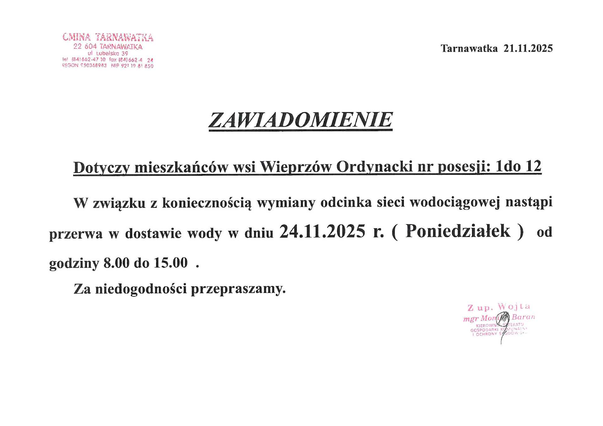 ZAWIADOMIENIE o wymianie odcinka sieci wodociągowej